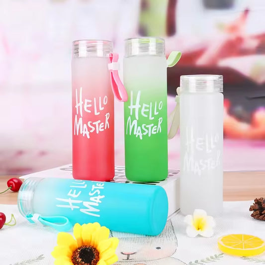 Frosted Glass Water Bottle With Hello Master Decal Logo - 400ml  (Random color)