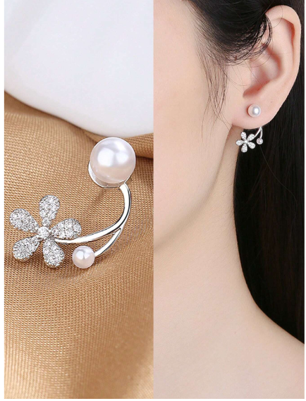 Korean zircon flower pearl front back earrings  for girls