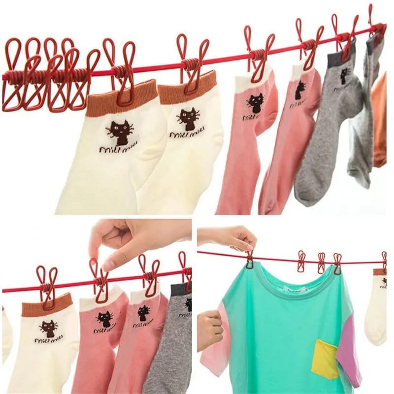 Clip&amp;Hang 185CM Portable Clothesline With (12) Clip - Elastic, Windproof &amp; Eco-Friendly for Travel &amp; Home Use