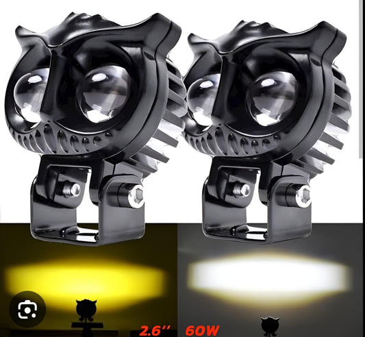 2 Pcs OWL Shape Fog Yellow-White &amp; Flash light Low &amp; High Beam Owl Plastic Body Spot Light for All Cars And Bikes 9V-60V 40W