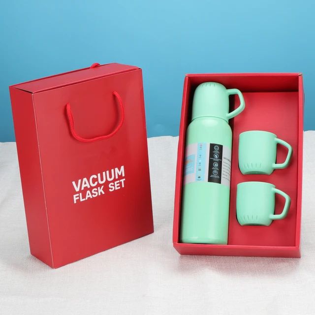 New Shape Vacuum Flask stainless steel  Bottle with 2 Cups and Gift Box  550 ML (Direct Sip Option)  (random color)