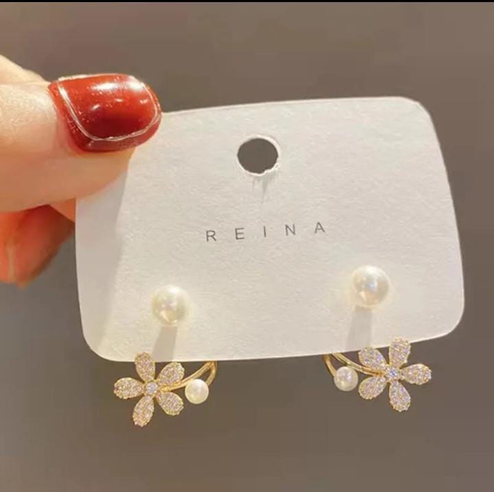 Korean zircon flower pearl front back earrings  for girls